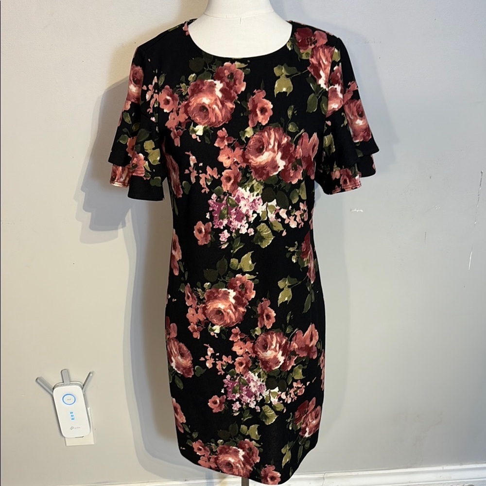 Tiana B Black Pink Sheath Mini Dress Flutter Sleeves